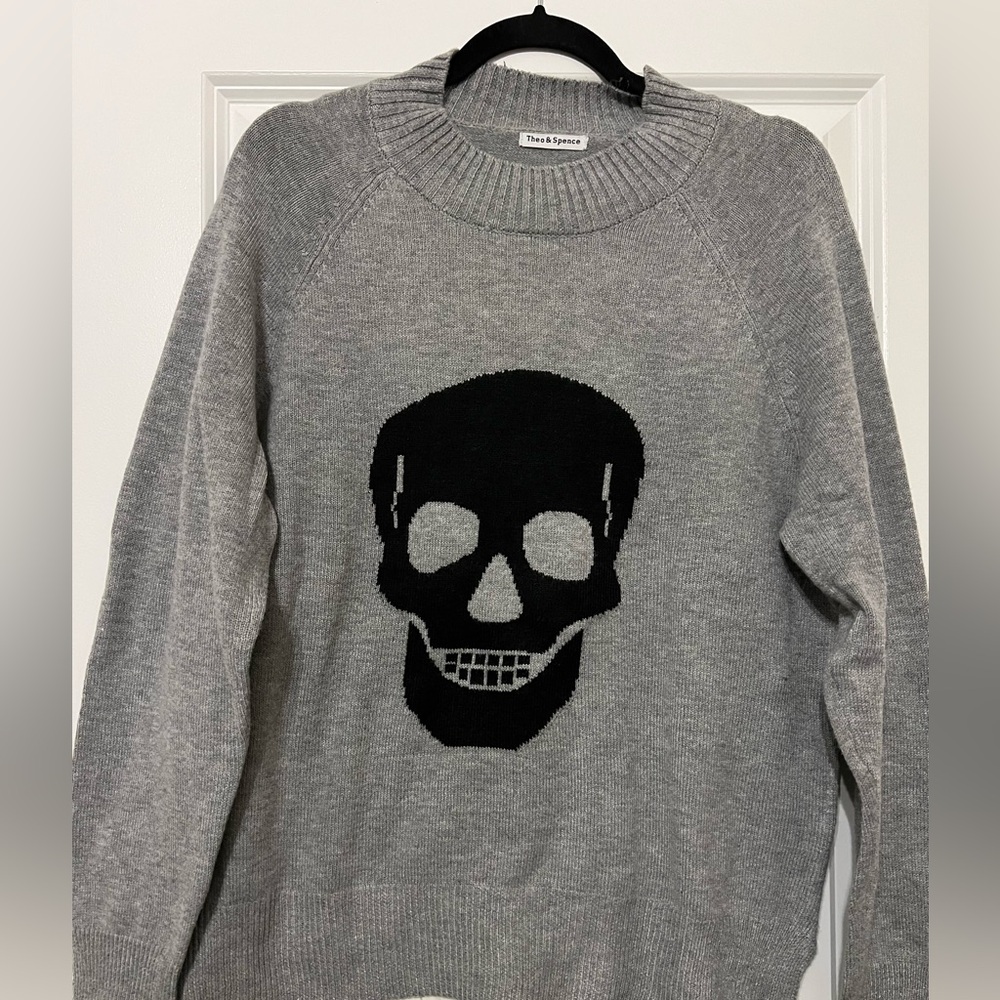 Theo and Spence Gray Crewneck Sweater with Black Skull